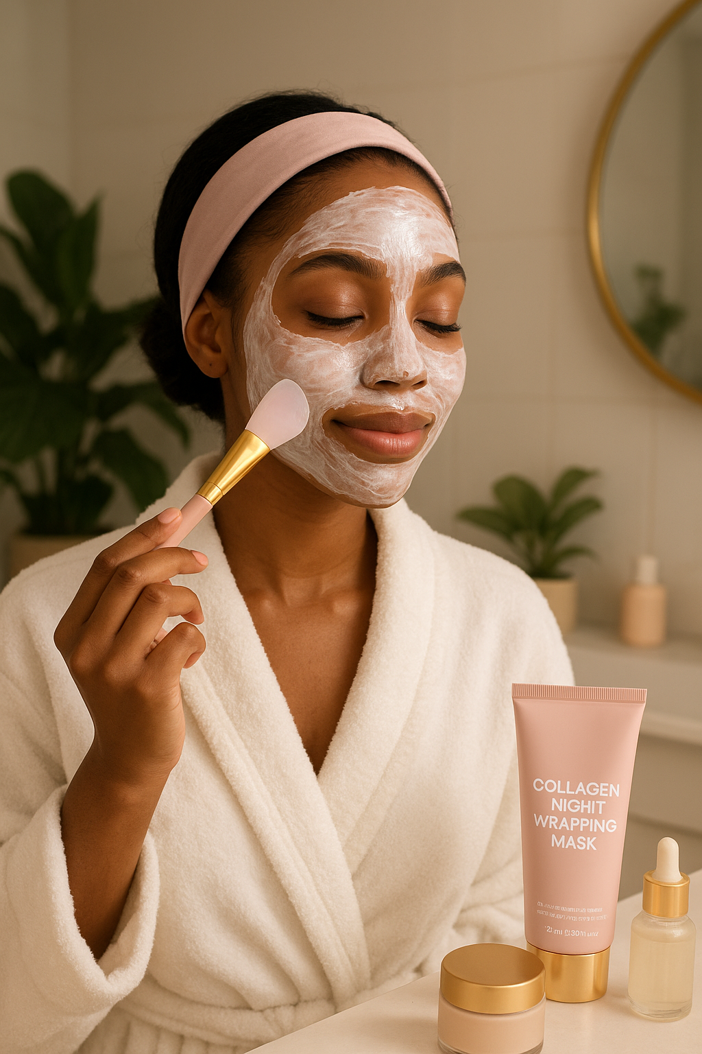 femme appliquant son masque de nuit dans sa salle de bain